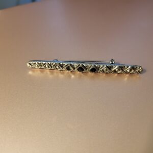 Vintage Black Enamel Silver Tone Metal Faux Marcasite Bar Brooch