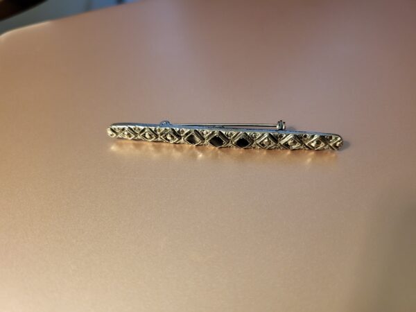 Vintage Black Enamel Silver Tone Metal Faux Marcasite Bar Brooch